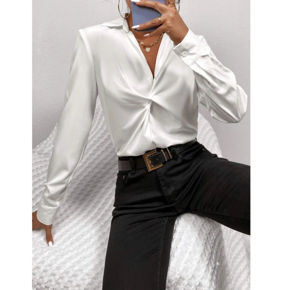 Twist Front White Office Shirt Long Sleeve Collar Neckline V-Neck - Picture 5 of 10